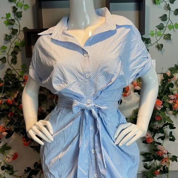 CUPSHE Short Casual Style Pin Stripe Button Down Light Blue Dress Size M - Picture 6 of 11
